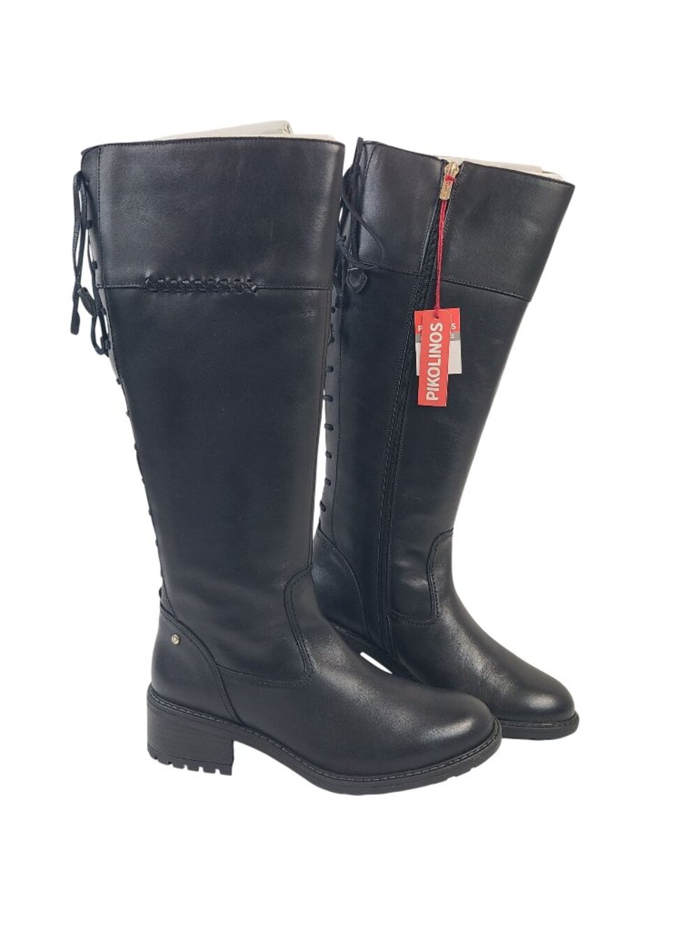 Pikolinos Medina Women's Black Leather Tall Boots Zipper Lace-Up Sz 40, 9.5-10